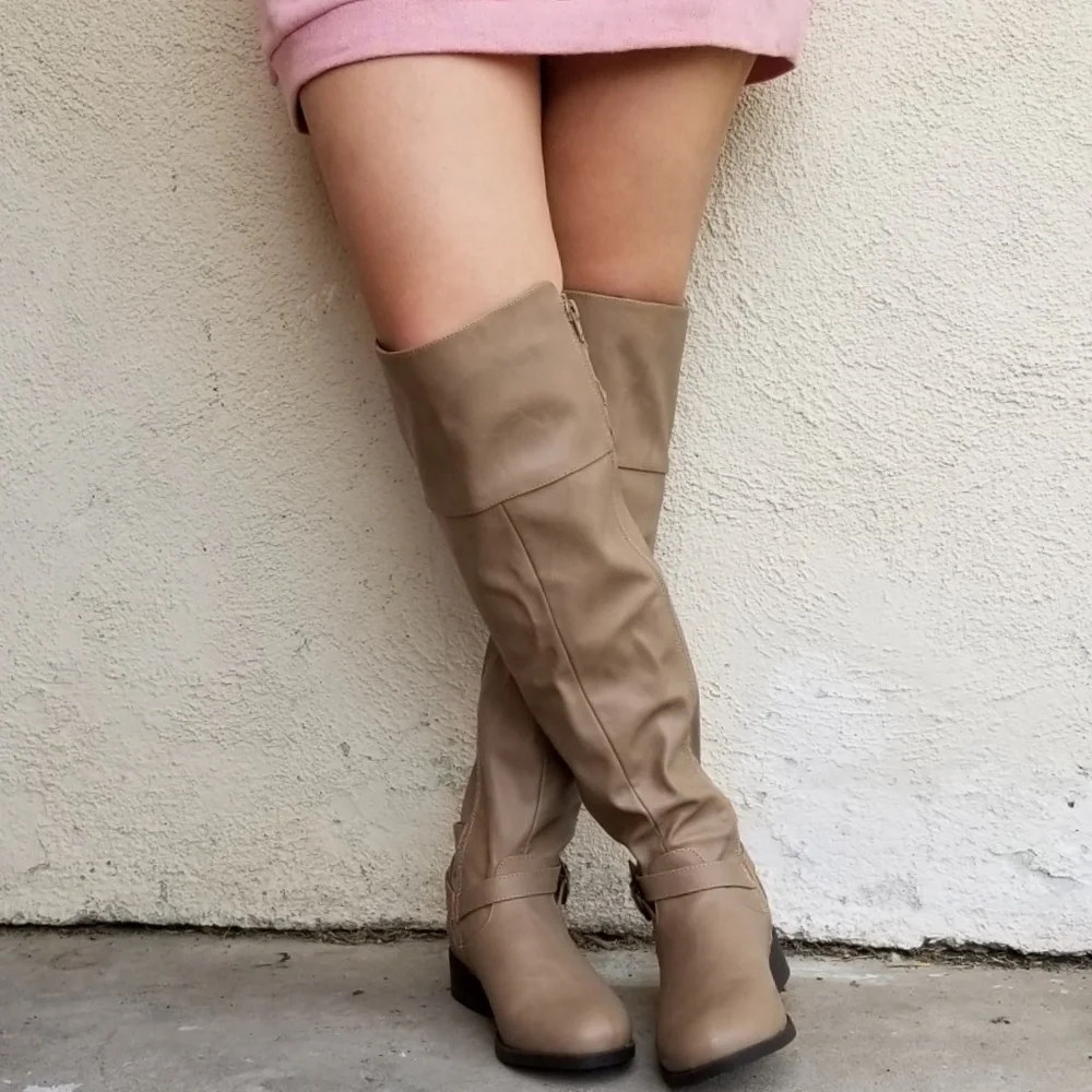 Leatherette Buckled Strap Accent Knee High Riding - Picture 3 of 5